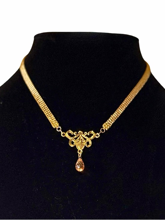 Hand Crafted Jewelry - Gold color loom-woven necklace with teardrop crystal and extender